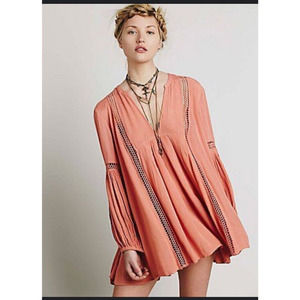 Free People Coral Babydoll Lace Balloon Sleeve Bohemian Pullover Tunic Dress S